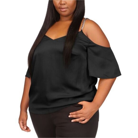 Michael Michael Kors Plus Size Cold-Shoulder Chain Strap Top - Black - Picture 1 of 1